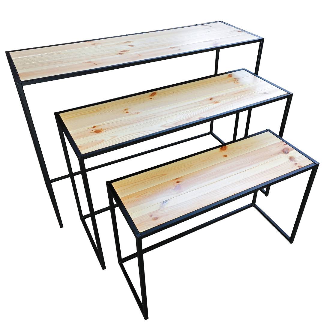 Natural wood coffee table set with black iron frame