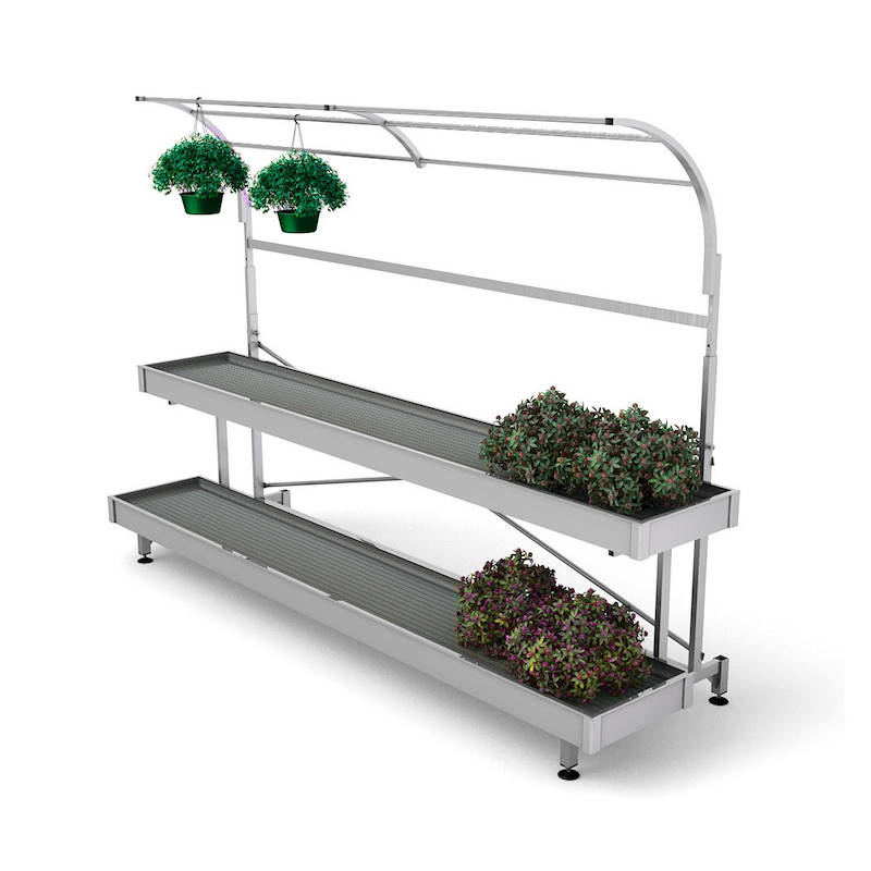 Aluminium wall bench - 2 shelves and basket holder, Size: 850 x 2525 mm