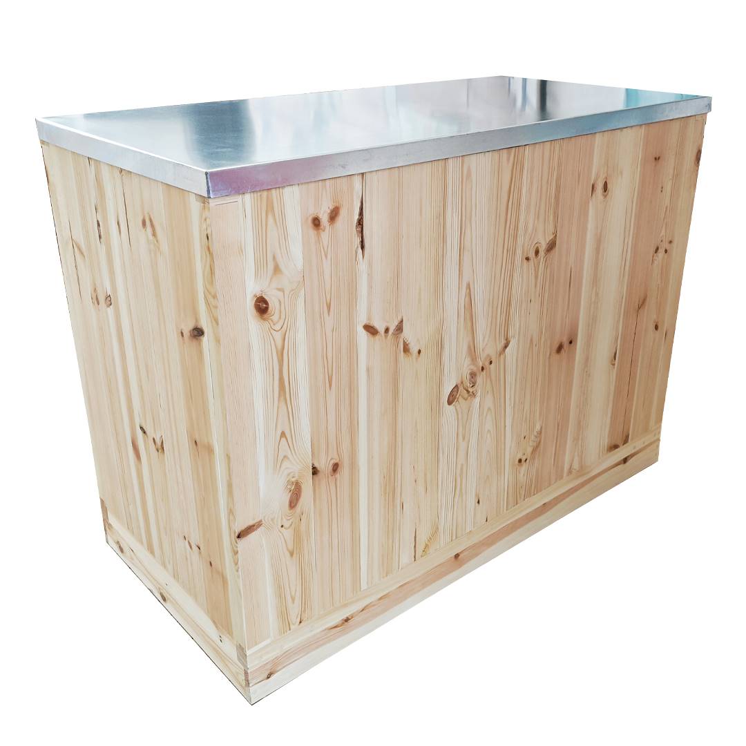Natural wood counter with galvanized sheet metal top, Size: 120 x 60 cm, Height: h 90 cm, Box: 2 units