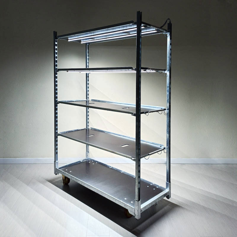 Carrito DC con kit de iluminación led para GERMINACIÓN E INJERTO, Optional: Sin bandeja DC, Paquete: 18 carritos DC, Rellanos: 4 estantes con luces