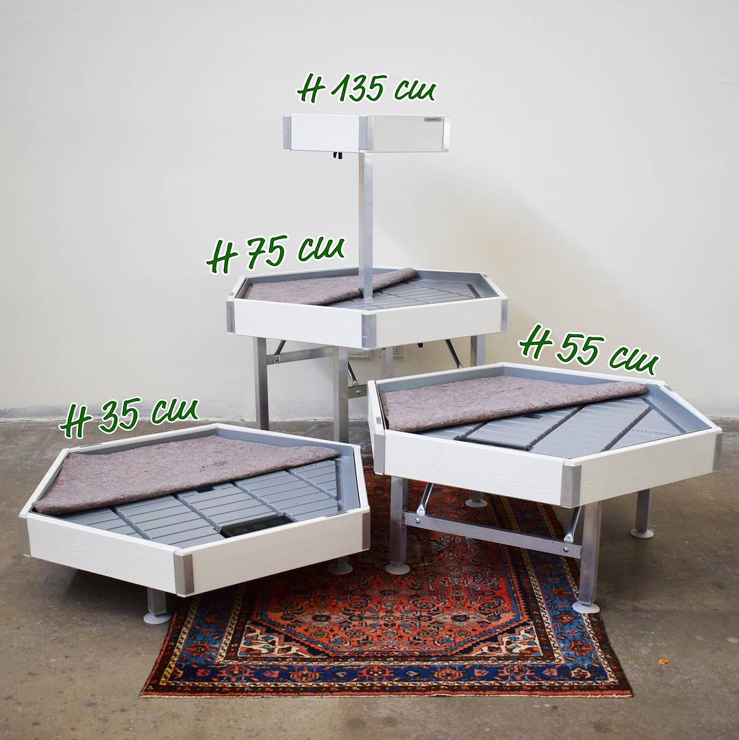 Hexagonal, wood line AMOR, Exhibition Set: Set 3 PIECES + RAISED BENCH, Color: White wood, Box: 1 Set