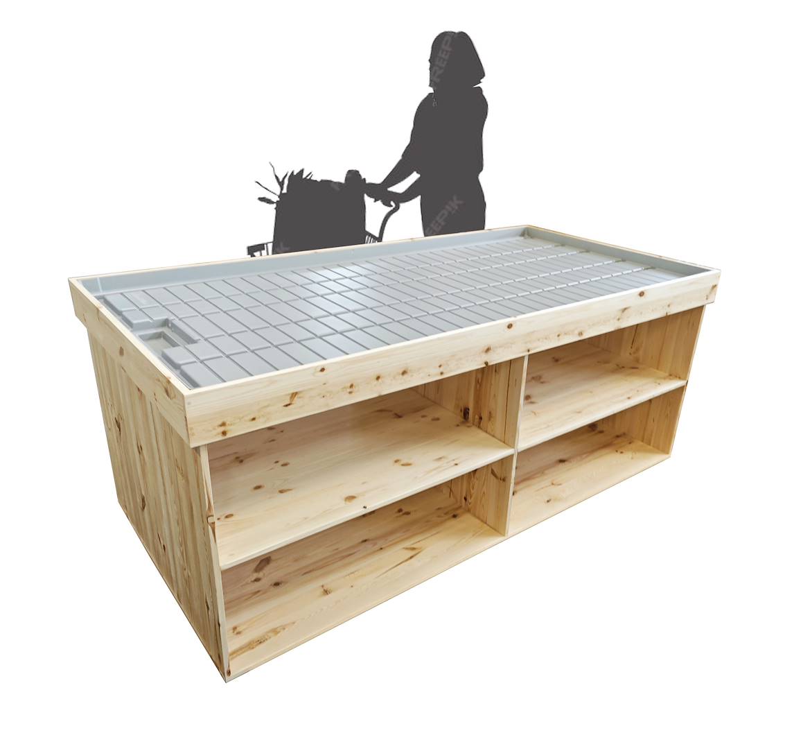 Wood podium with water tray, Size: 100 x 200 cm, Height: h 60 cm, Box: 1 unit