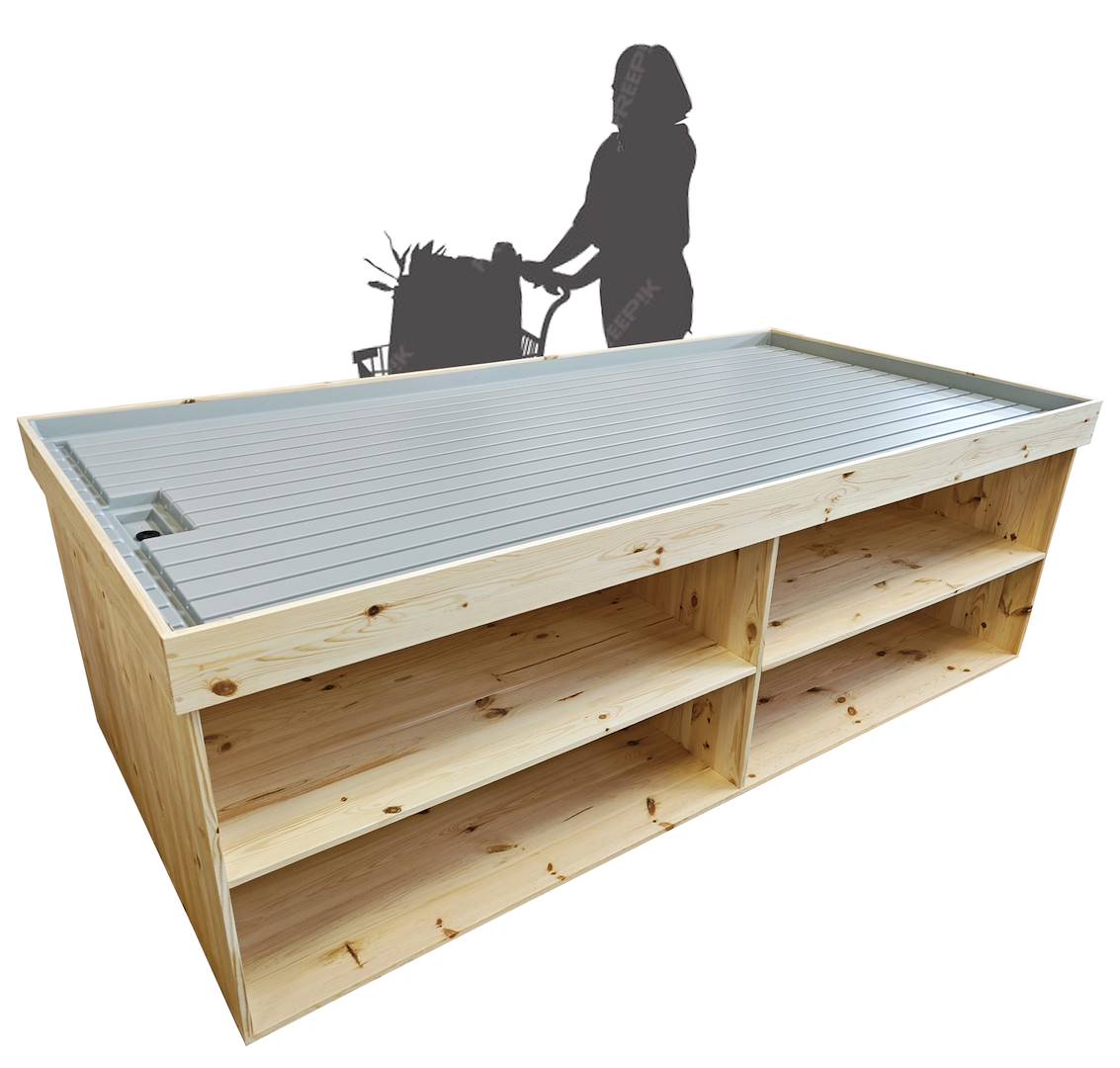 Wood podium with water tray, Size: 120 x 250 cm, Height: h 60 cm, Box: 4 units