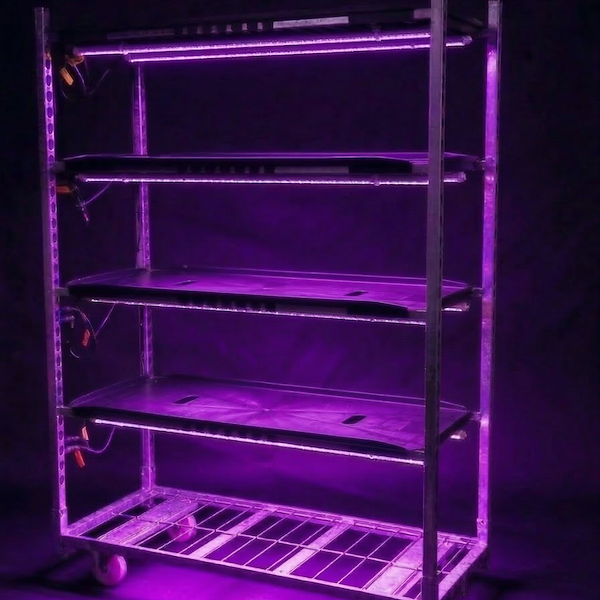 Carrello a griglia 1350 con luci led TUBE RED&BLUE PAR fioritura con nr. 4 ripiani in plastica nera rinforzata e nr. 8 lampade