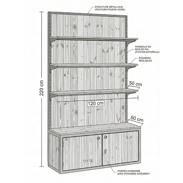 Étagère avec boîtes en bois naturel et profilé en fer peint en noir