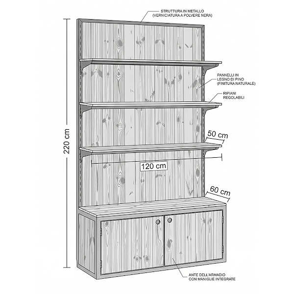 Scaffalatura con box in legno naturale con profilo in ferro verniciato nero