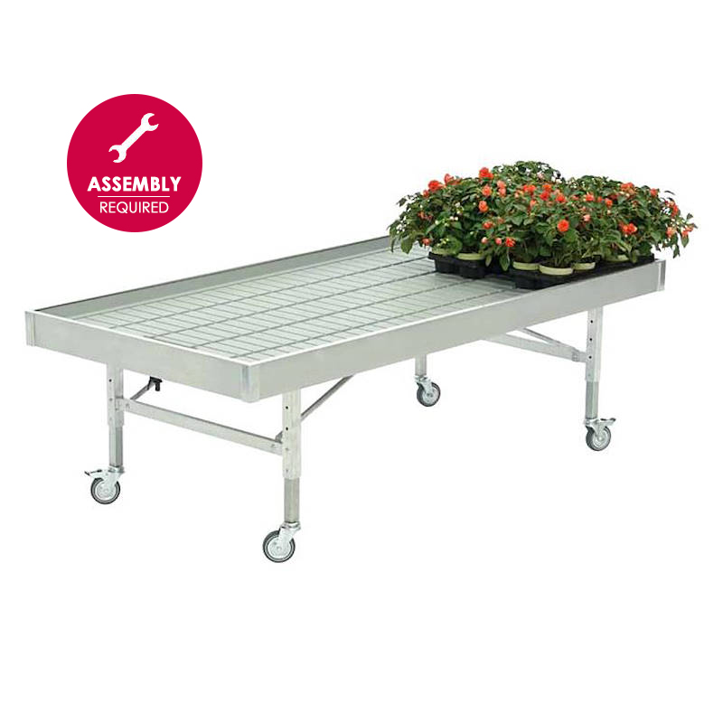 Ready-to-assemble fixed water tables in aluminium on wheels