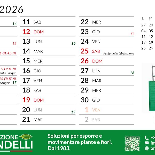 Calendario 2026 per la Floricoltura