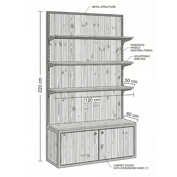 وحدة رفوف بصناديق من الخشب الطبيعي وإطار من الحديد المطلي باللون الأسود