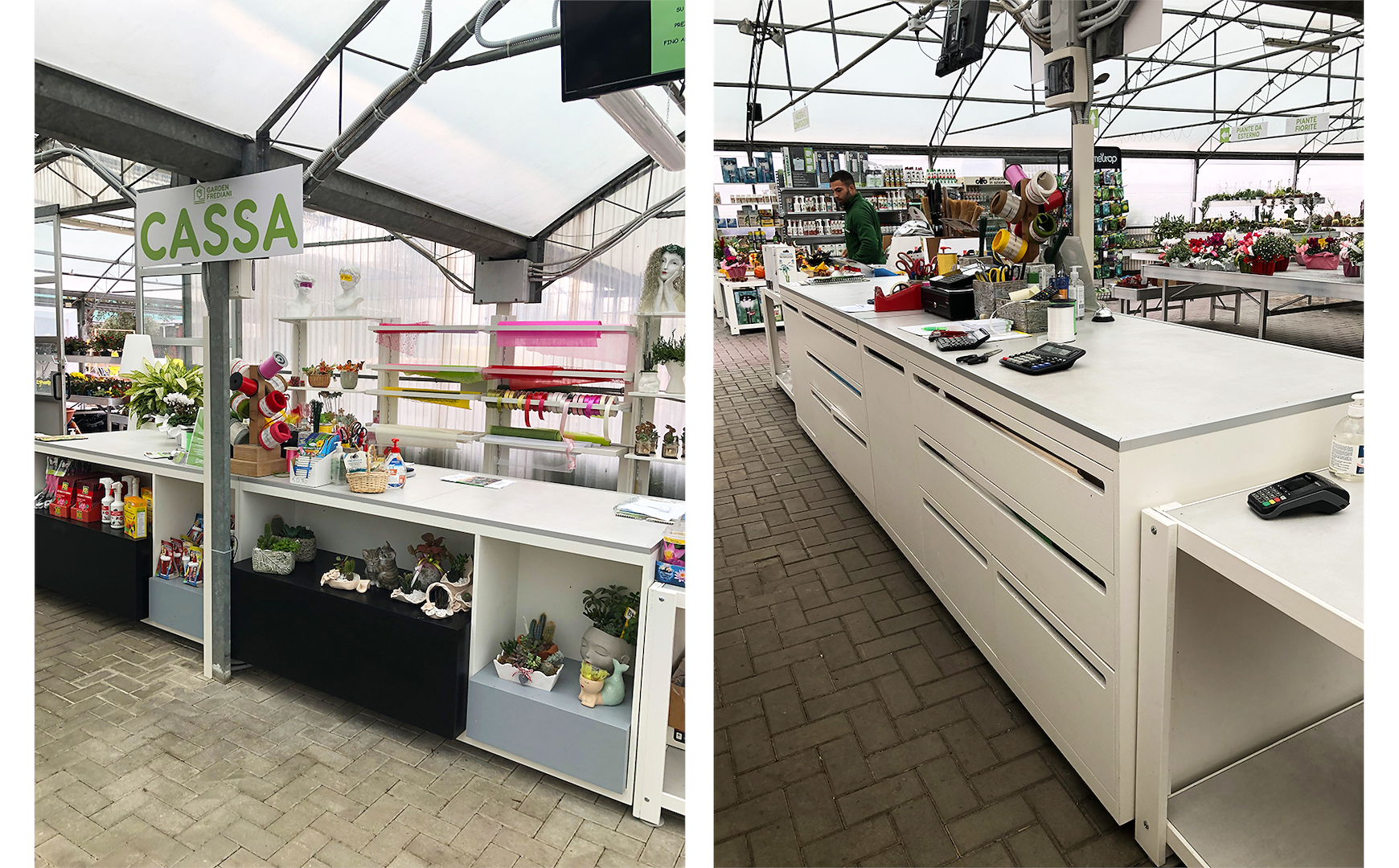 Accanto alla cassa il banco composizioni, che sul retro ha cassetti e ante per i materiali da decorazione.