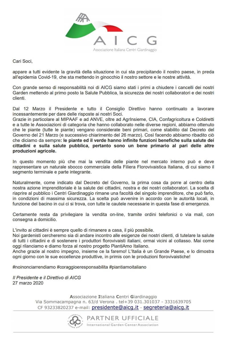 Lettera AICG per i Garden Center Associati