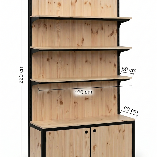 Scaffalatura con box in legno naturale con profilo in ferro verniciato nero