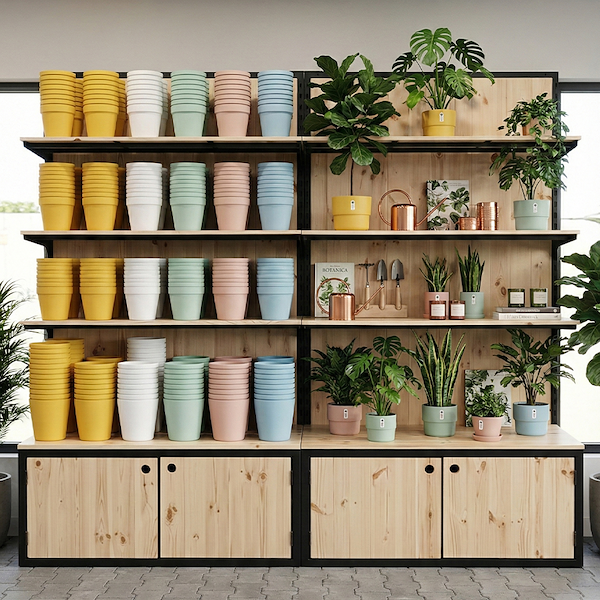 Shelving unit with natural wood boxes and black-painted iron frame