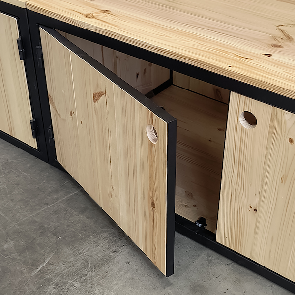 Shelving unit with natural wood boxes and black-painted iron frame