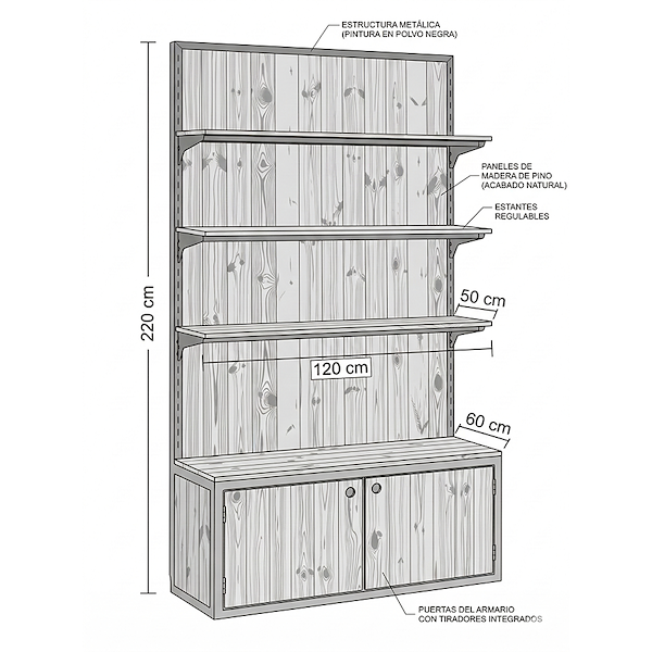 Estantería con cajas de madera natural y perfil de hierro pintado en negro