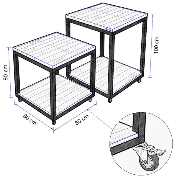 Tisch mit zwei Holzregalen auf Rollen