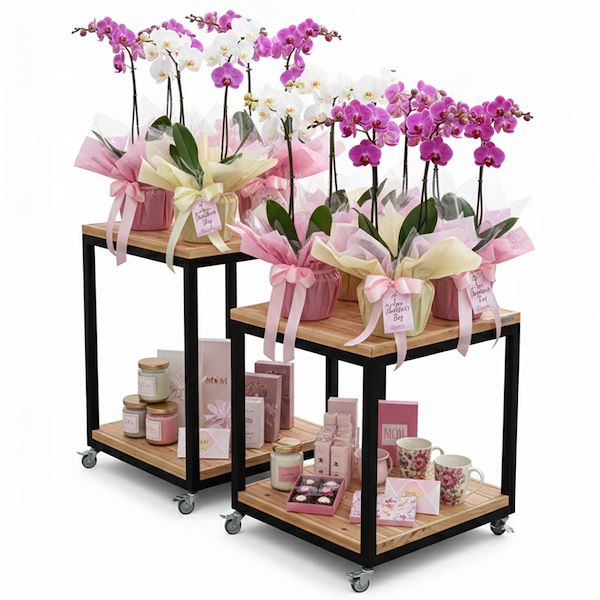 Tisch mit zwei Holzregalen auf Rollen