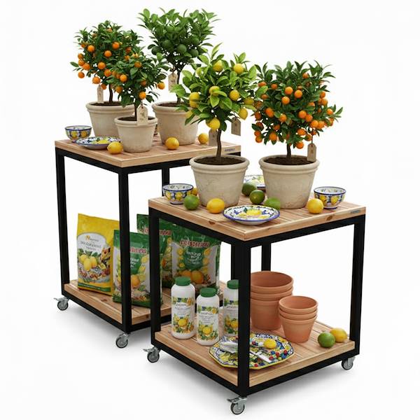 Tisch mit zwei Holzregalen auf Rollen